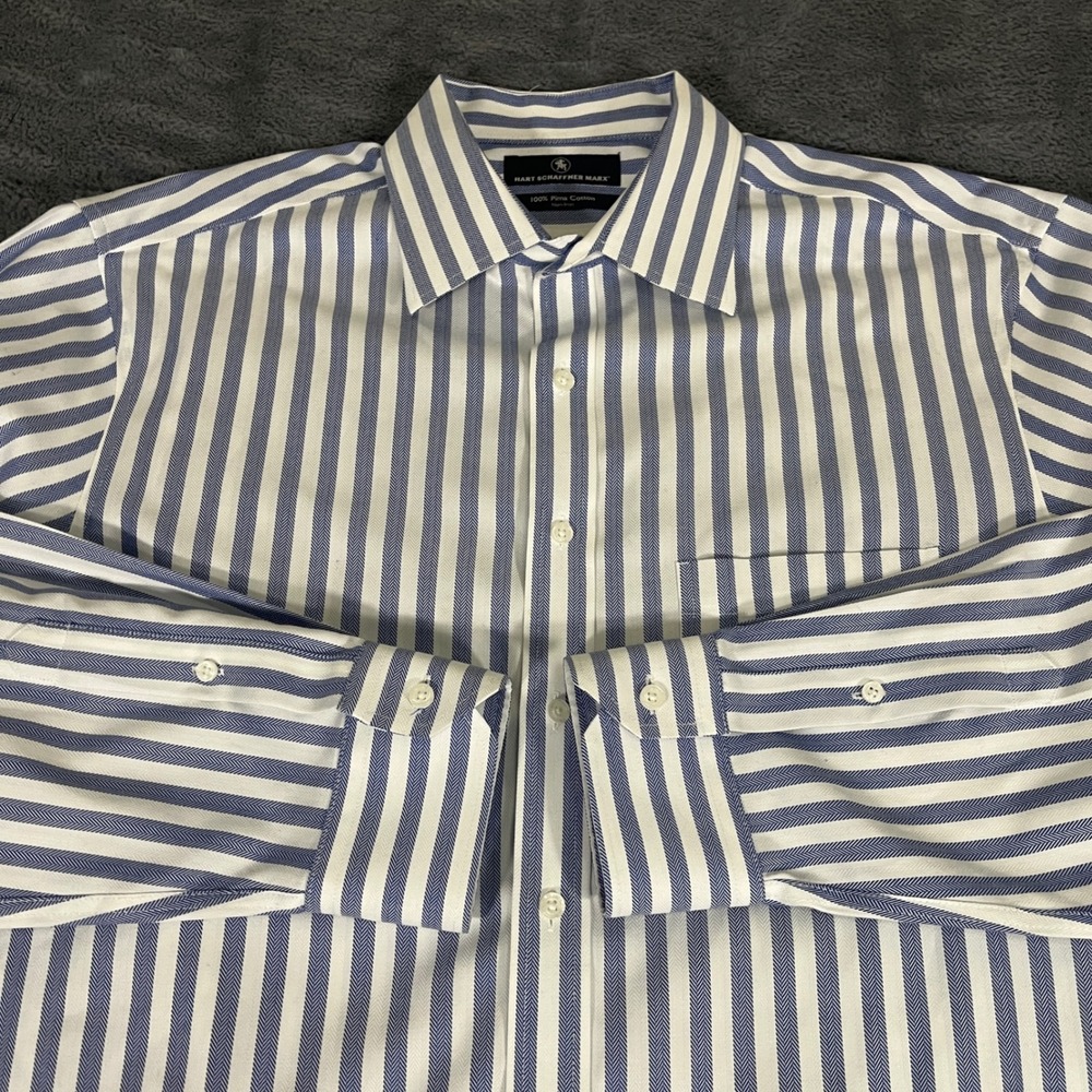 Hart‎ Schaffner Marx Mens 16.5 35 Blue White Striped Pima Cotton Non-Iron Shirt